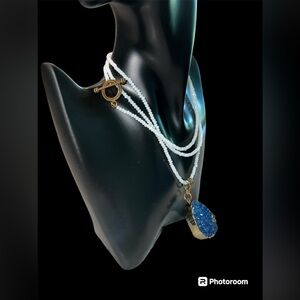 Handmade 38” blue druzy with white crystal and gold hardware